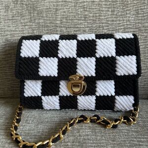 Handmade Plush Yarn Bag – Black & White Checkerboard
